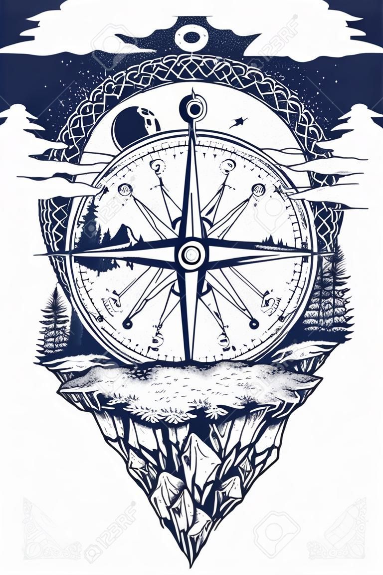 Compass in night forest tattoo boho style, t-shirt design. Mountain antique compass and wind rose tattoo art. Adventure, travel, outdoors, symbol. Tattoo for travelers, climbers, hikers