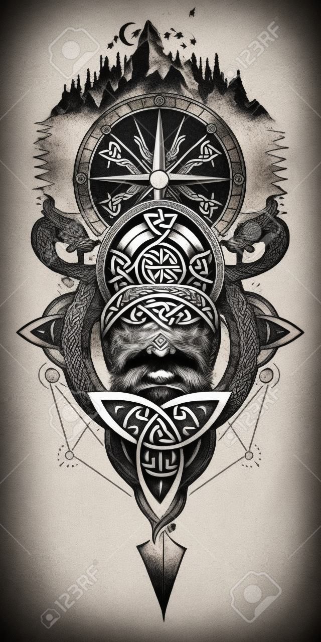 Wikinger Krieger, Kompass und Berge Tattoo. Northern Warrior, T-Shirt Design. Keltisches Emblem von Odin. Norddrachen, Berge, Kompass-Wikingerhelm im Ethno-Stil