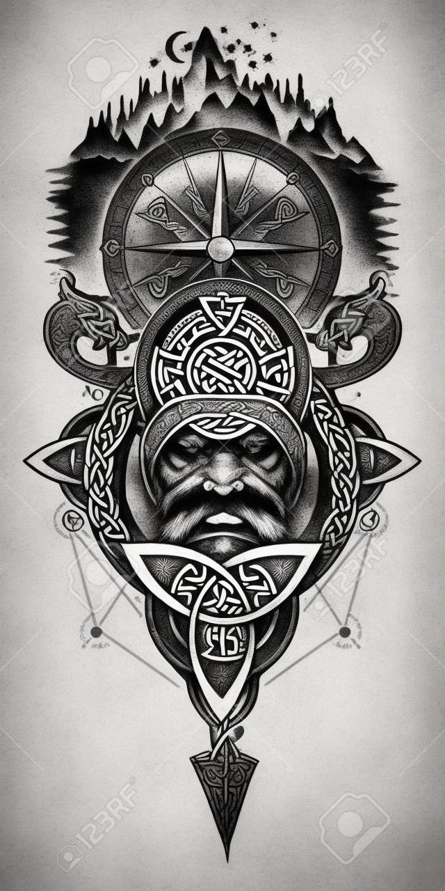 Viking warrior, compass and mountains tattoo. Northern warrior, t-shirt design. Celtic emblem of Odin. Northern dragons, mountains, compass viking helmet, ethnic style
