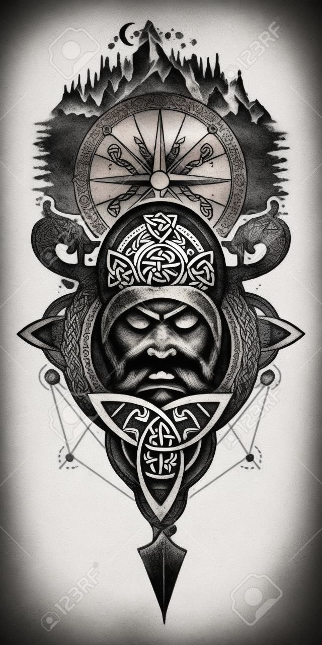 北歐海盜戰士，指南針和山紋身。北方的戰士，t卹設計。奧丁凱爾特標誌。北龍，山，指南針維京頭盔，民族風格