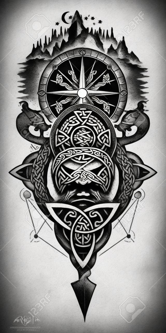 Wikinger Krieger, Kompass und Berge Tattoo. Northern Warrior, T-Shirt Design. Keltisches Emblem von Odin. Norddrachen, Berge, Kompass-Wikingerhelm im Ethno-Stil