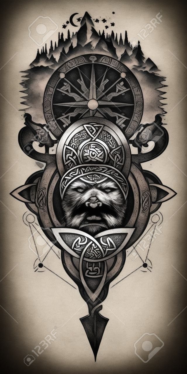 Guerrier Viking, boussole et tatouages ??de montagnes. Guerrier du Nord, conception de t-shirt. Emblème celtique d'Odin. Dragons du Nord, montagnes, casque viking boussole, style ethnique
