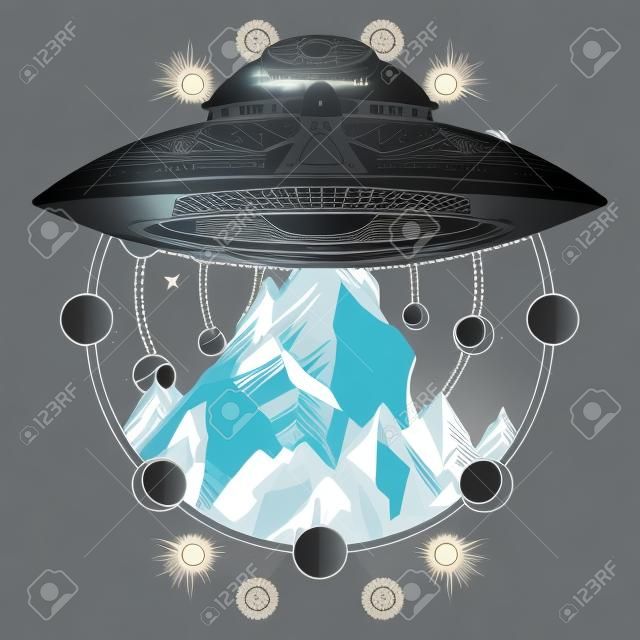 Ufo ship and mountains  tattoo art vector. Ufo outdoors.