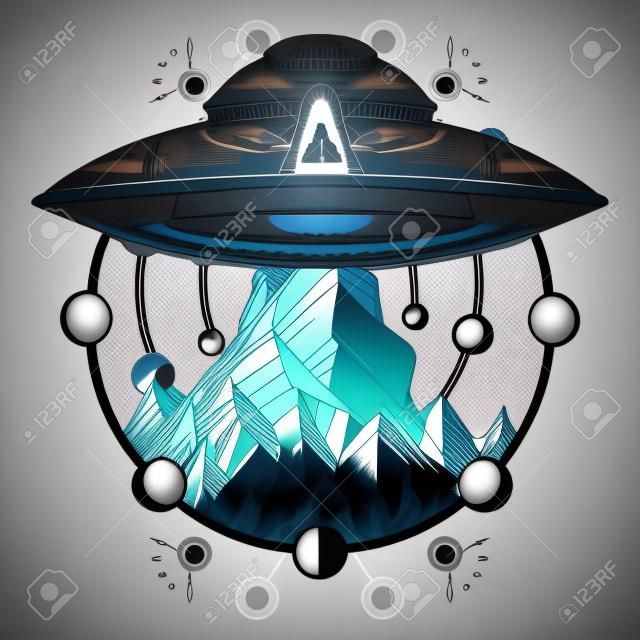 Vettore di arte del tatuaggio della nave e delle montagne del UFO. Ufo all'aperto.