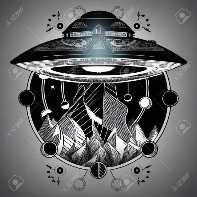 Statek UFO i góry tatuaż wektor sztuki. Ufo na zewnątrz.