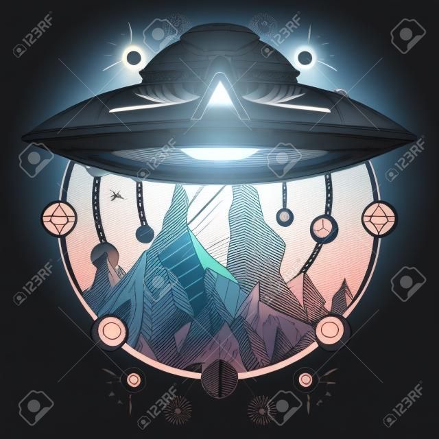 Statek UFO i góry tatuaż wektor sztuki. Ufo na zewnątrz.