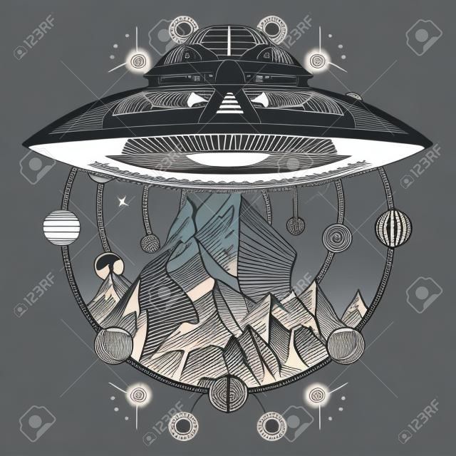 Ufo 우주선과 산 문신 예술 벡터. 야외에서 Ufo.