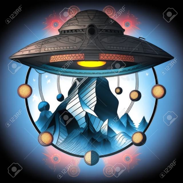 UFO-Schiff und Gebirgstätowierungs-Kunstvektor. Ufo im Freien.