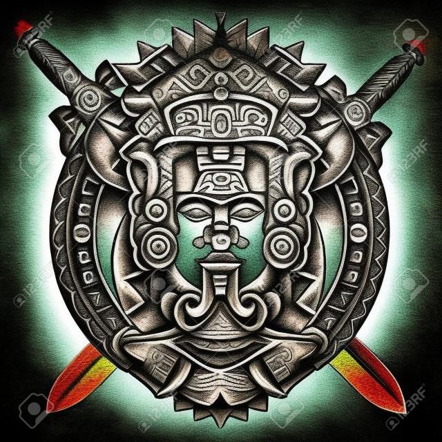 Antiguo tótem azteca, dios guerrero mexicano y espadas cruzadas. Antigua civilización maya. Indio maya tallado en piedra arte del tatuaje. Diseño de tatuaje y camiseta maya