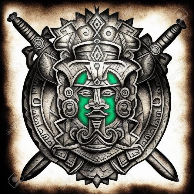 Antico totem azteco, guerriero dio messicano e spade incrociate. Antica civiltà Maya. Maya indiano scolpito nell'arte del tatuaggio di pietra. Tatuaggio Maya e design t-shirt