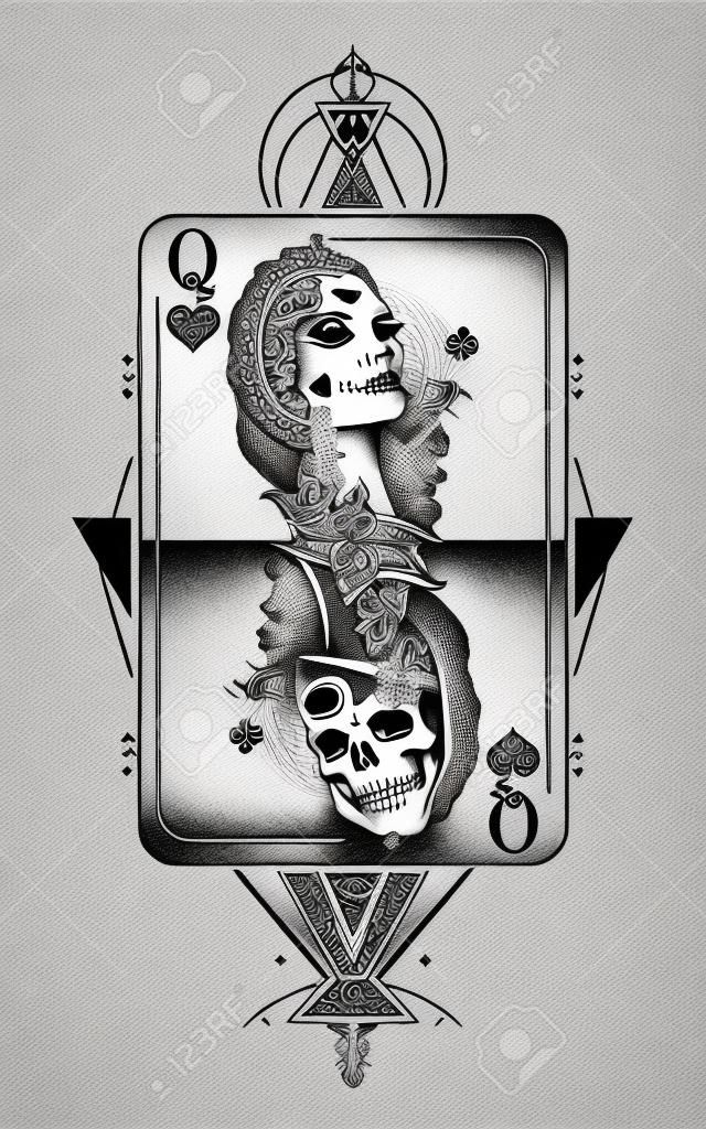 Kraliçe oyun kart kutsal geometri dövme ve t-shirt tasarımı. Tarot kartları, başarı ve yenilgi, casino, poker dövmesi. Güzel kız ve kraliçe iskeleti, gotik oyun kartı. Kumar simgesi