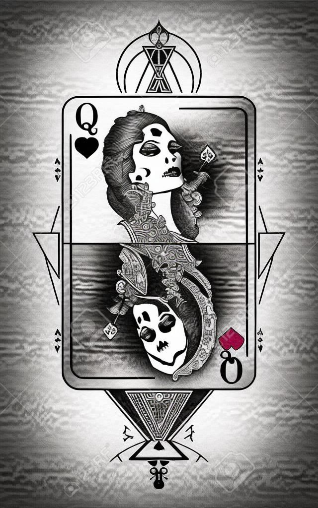 퀸 재생 카드 신성한 형상 문신 및 T- 셔츠 디자인. 타로 카드, 성공과 패배, 카지노, 포커 문신. 아름 다운 소녀와 여왕 뼈대, 고딕 게임 카드. 도박의 상징