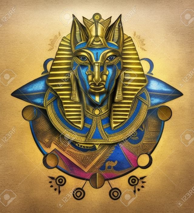 Anubis tatuagem e t-shirt design. Anubis, deus da guerra, máscara dourada do faraó, arte de tatuagem do Egito. Conceito de contato Paleo