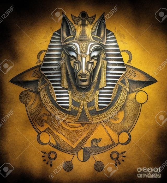 Projekt tatuażu i koszulki Anubis. Anubis, bóg wojny, złota maska faraona, sztuka tatuażu Egiptu. Koncepcja kontaktu Paleo