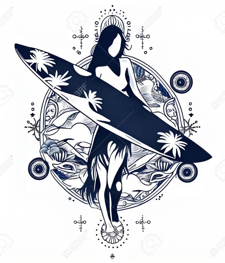 Beautiful girl with a surfboard. Symbol of extreme sport, driving on sea waves, tropics, paradise. Surfing tattoo and t-shirt design. Steering wheel and big sea wave
