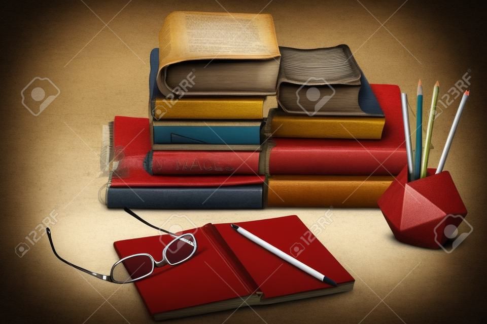 Stack of old books, textbook, glasses and pencils in office background for education retro concept