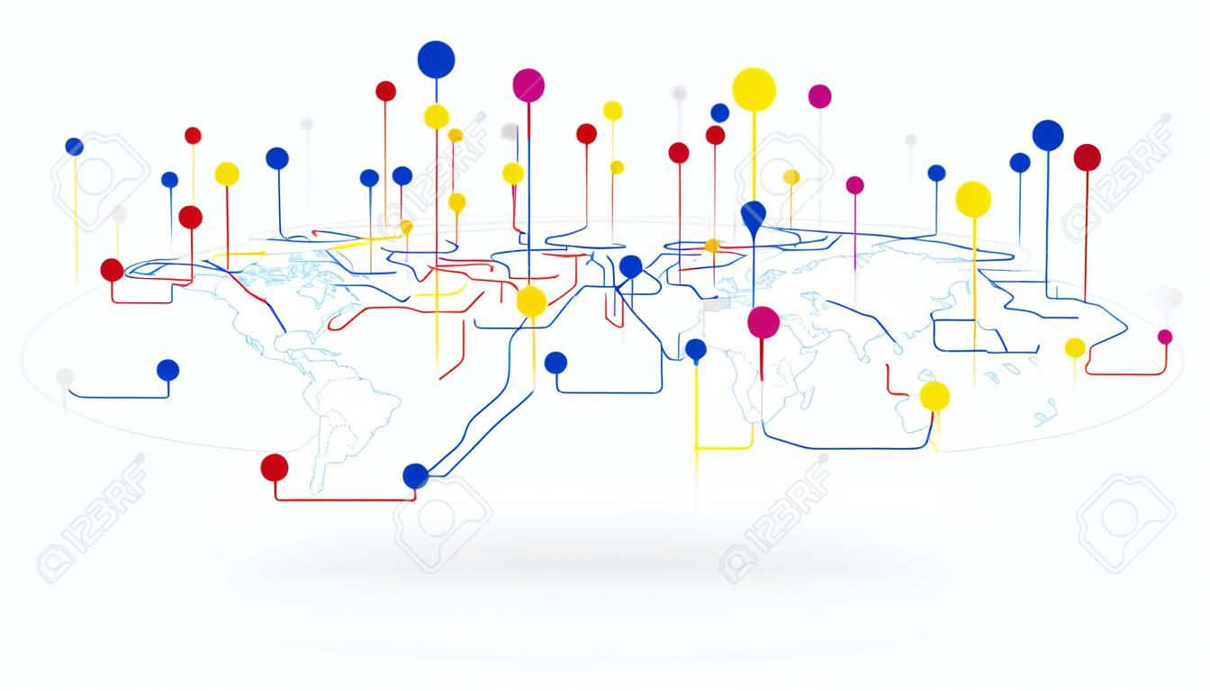 Fondo futuristico degli elementi di connessione della rete di dati della mappa del mondo