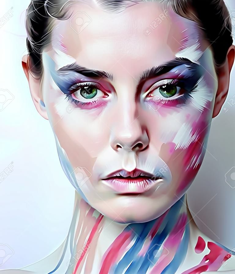 jeune femme avec maquillage créatif comme peint image de l'huile sur le visage agrandi