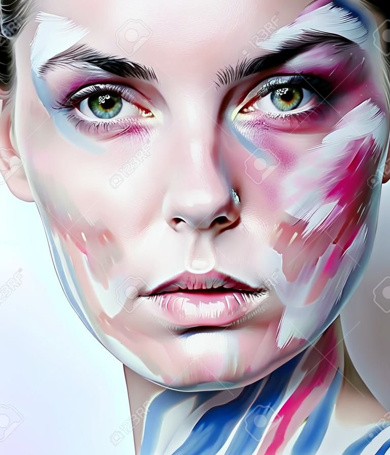 young woman with creative make up like painted oil picture on face closeup