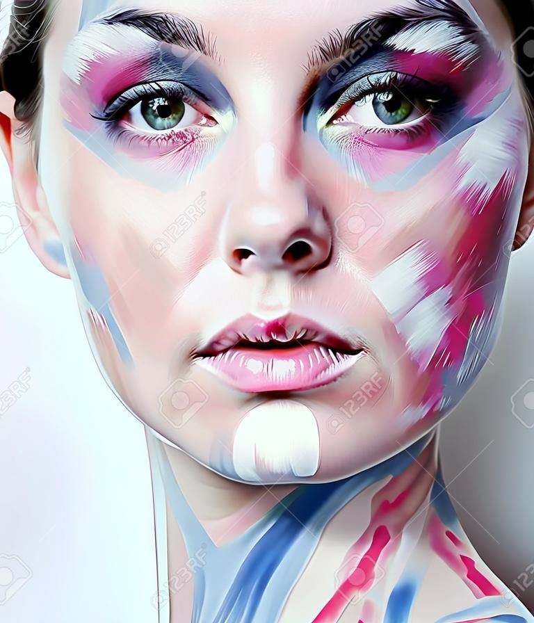 young woman with creative make up like painted oil picture on face closeup