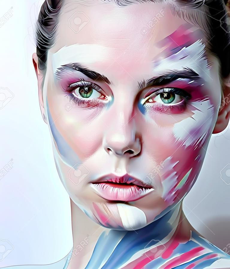 jeune femme avec maquillage créatif comme peint image de l'huile sur le visage agrandi