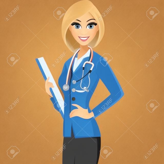 插圖女醫生有金發持有剪貼板。