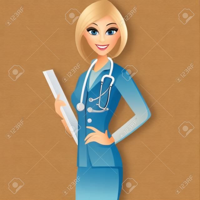 Illustration of female doctor has blonde hair hold a clipboard.