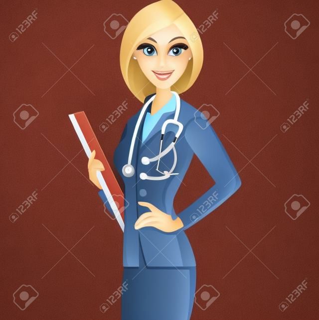 Illustration of female doctor has blonde hair hold a clipboard.