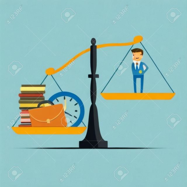 illustration of cartoon businessman and lot of work on balance scale in workload concept