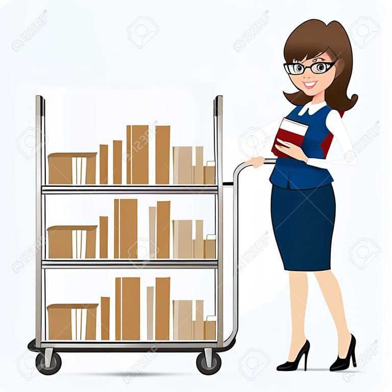 illustrazione della ragazza del fumetto bibliotecario con il libro trolley