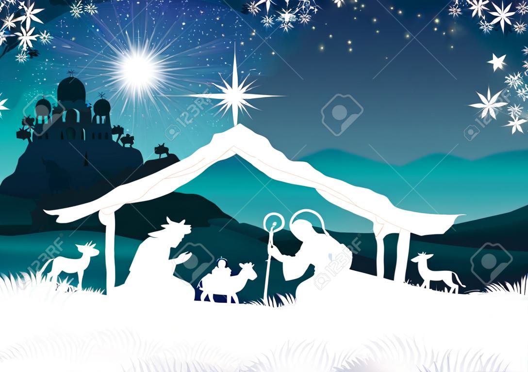 基督诞生的场景与神圣的家庭和东方园林法师--透明混合效果和梯度mesh-eps10