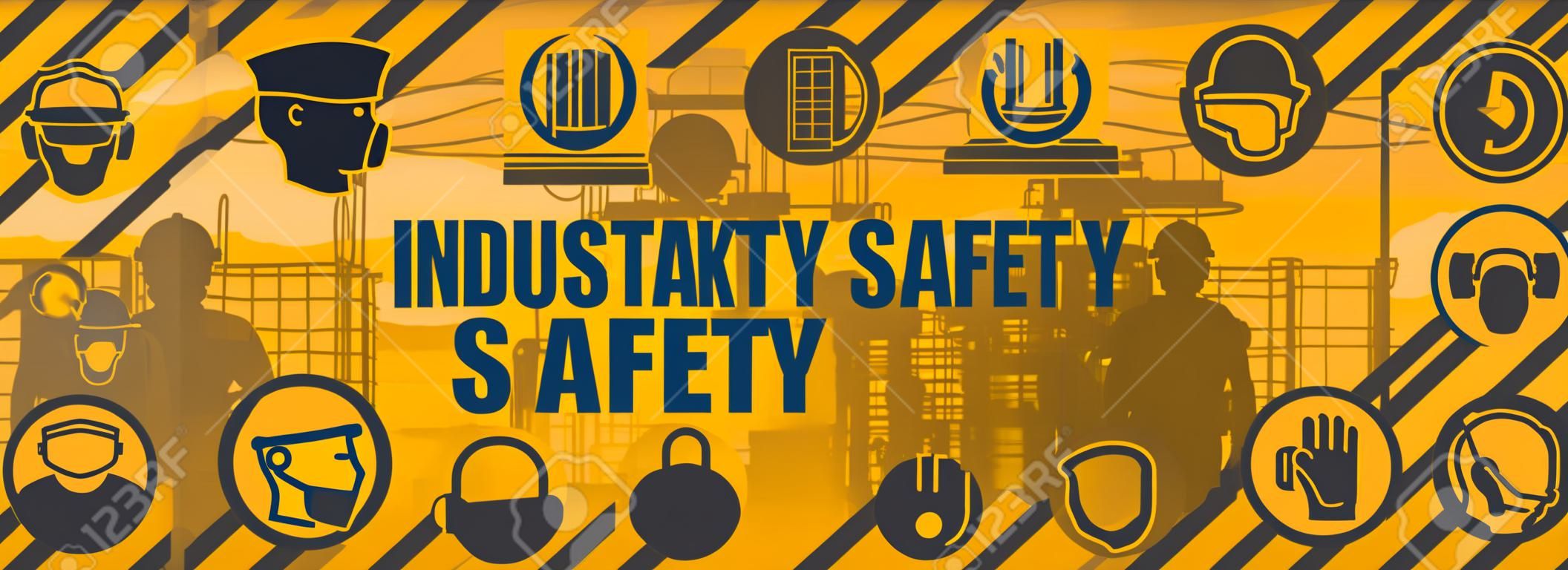 Background of icons, pictograms of industrial safety and occupational health. Personal protection equipment for the prevention of occupational risks and accidents