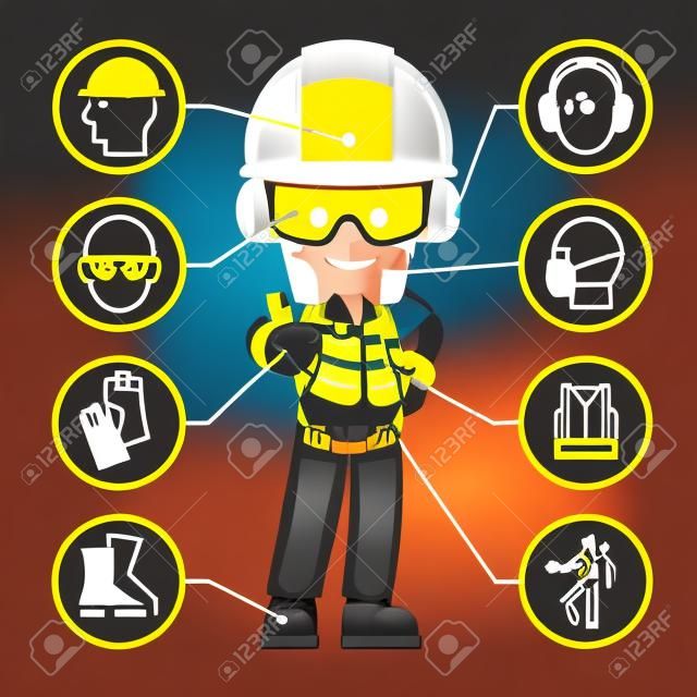 Construction industrial worker with personal protective equipment and icons, safety pictograms. Industrial safety and occupational health at work
