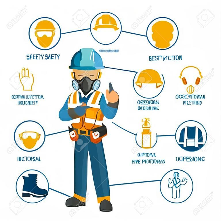 Construction industrial worker with personal protective equipment and icons, safety pictograms. Industrial safety and occupational health at work