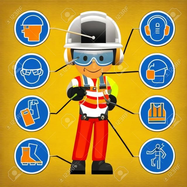 Bauindustriearbeiter mit persönlicher Schutzausrüstung und Symbolen, Sicherheitspiktogrammen. Arbeitssicherheit und Arbeitsschutz am Arbeitsplatz