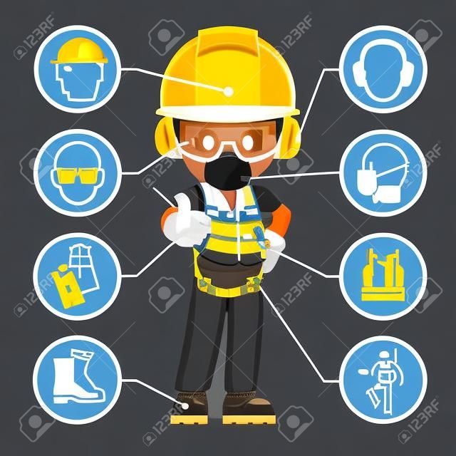 Bauindustriearbeiter mit persönlicher Schutzausrüstung und Symbolen, Sicherheitspiktogrammen. Arbeitssicherheit und Arbeitsschutz am Arbeitsplatz