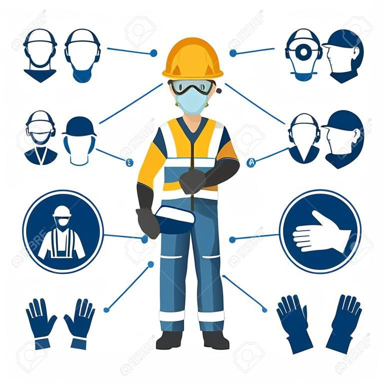 Industrial worker with personal protective equipment and icons, safety pictograms. Industrial safety and occupational health at work