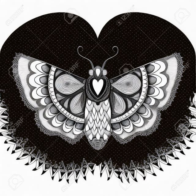 Hand drawn artistically black Butterfly, cute ornamental patterned flying Moth in zentangle style for tattoo, t-shirt, adult anti stress coloring pages. Vector monochrome illustration.