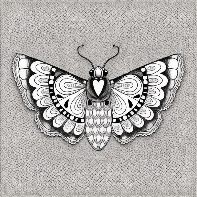 Ручной обращается художественно черная бабочка, мило декоративных узорной летающих Моль в zentangle стиле для татуировки, футболки, взрослые Антистрессовый раскраски. Вектор монохромный иллюстрации.