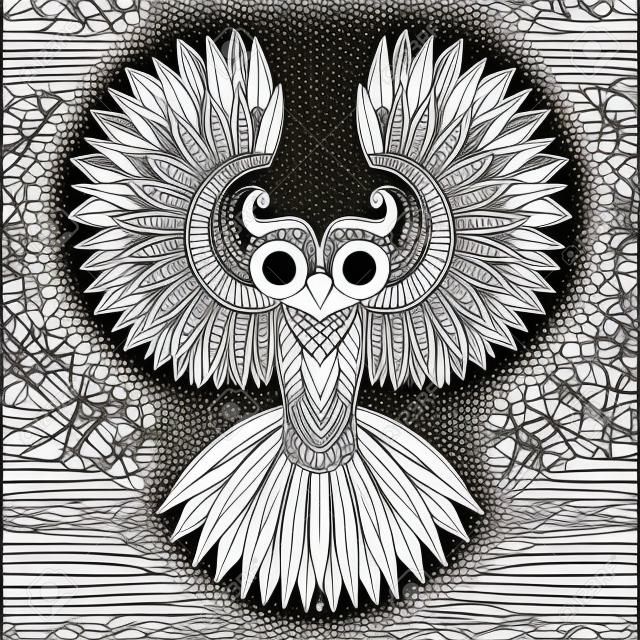 Vector búho ornamental, la mascota zentangled étnica, amuleto, máscara de pájaro, animal con dibujos de las páginas para adultos anti estrés colorear. Dibujado a mano ilustración tótem aislado en el fondo.
