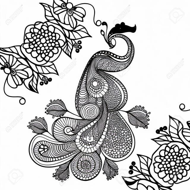 Zentangle Peacock totem in flowersfor adult anti stress Coloring Page for art therapy, illustration in doodle style. Vector monochrome sketch with high details isolated on white background.
