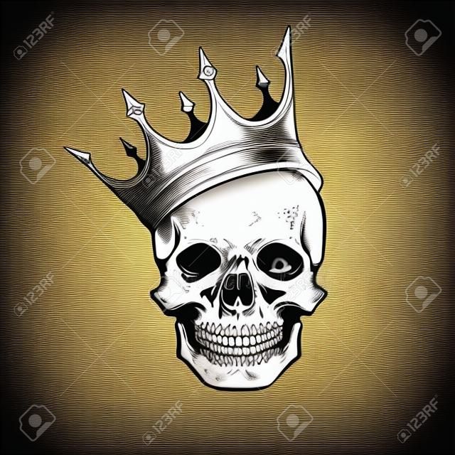 Hand drawn sketch scull with crown tattoo line art. Vintage vector illustration isolated on background.