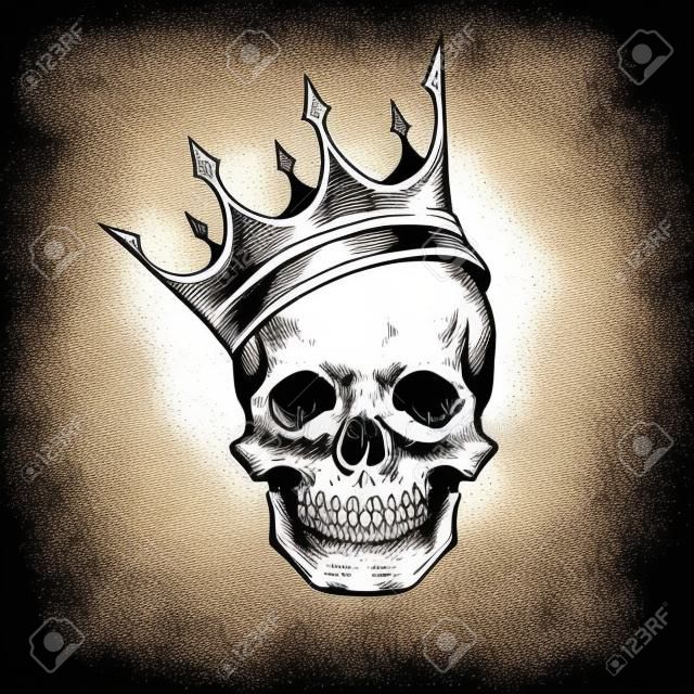 Hand drawn sketch scull with crown tattoo line art. Vintage vector illustration isolated on background.