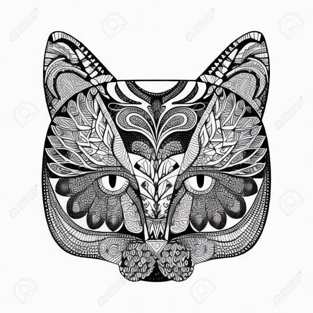 Vector zentangle cat print for adult coloring page. Hand drawn artistically ethnic ornamental patterned illustration. Animal collection.