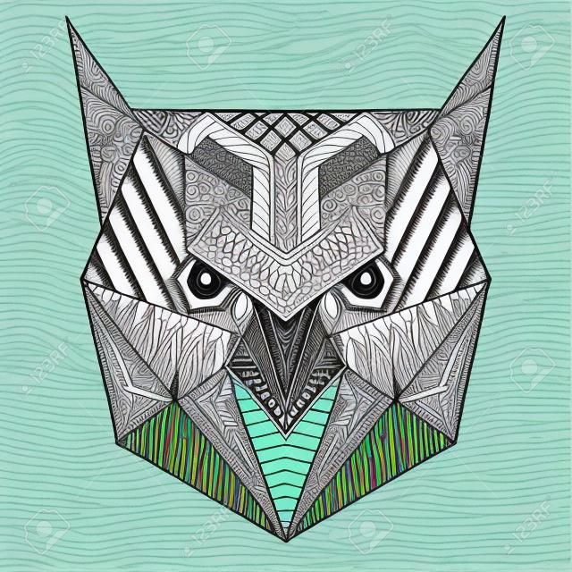 A mano artistica Owl Bird per colorare adulto antistress, arte carta terapia postale, geometrico stampa t-shirt fantasia, stile tribale Boho. Isolata l'illustrazione di Doodle, disegno henné tatuaggio.