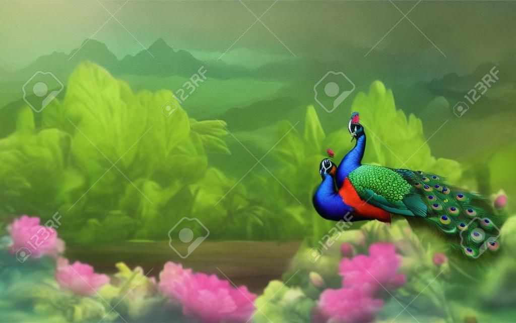 3D flor pavo real pájaro peonía deja tres backgroun para pared