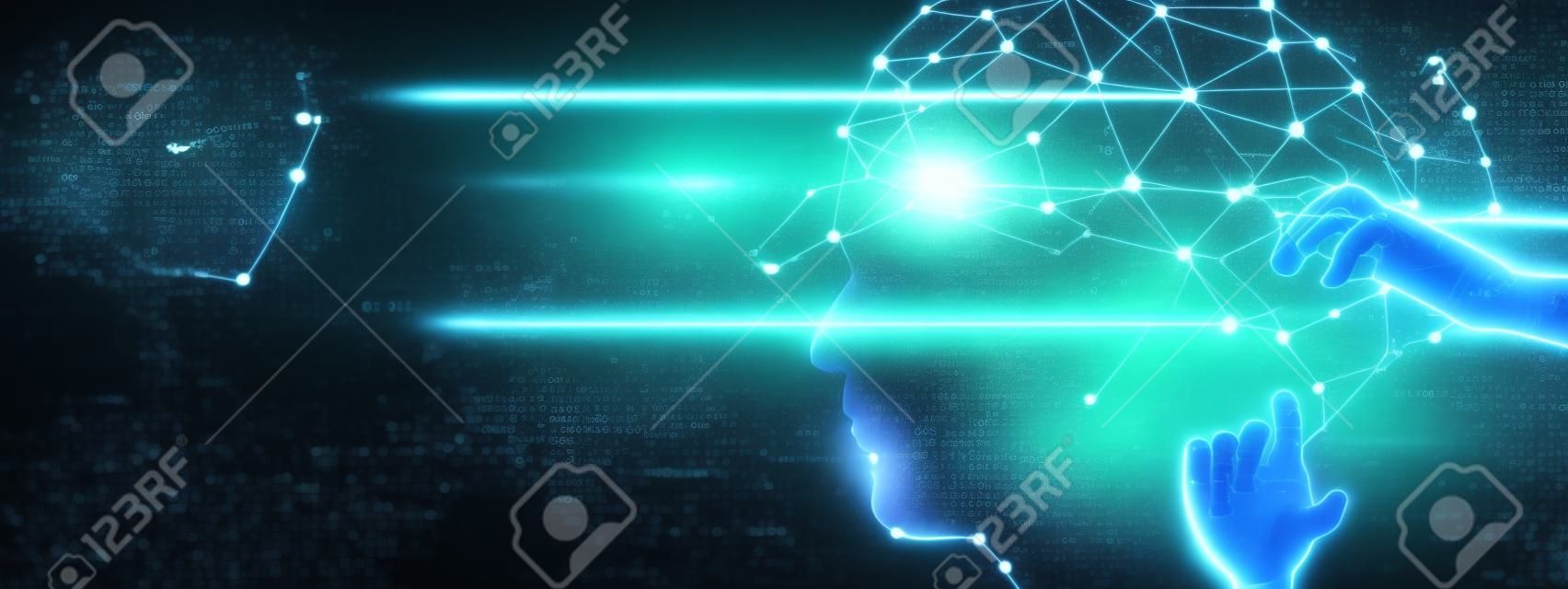 Nauczanie maszynowe. Ręka robota dotykająca danych binarnych. Futurystyczna sztuczna inteligencja (AI). Głęboka nauka. Reprezentowanie mózgu. Algorytm i innowacyjność. Sieć neuronowa. Wizualizacja dużych zbiorów danych.