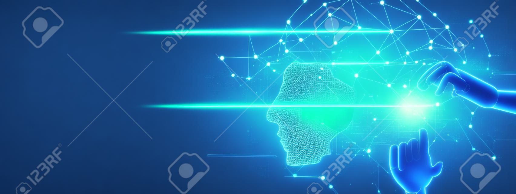 Machine learning. Hand van robot aanraken op binaire gegevens. Futuristic Artificial Intelligence (AI). Deep Learning. Brain representant. Algorithm en innovatief. Neural Network. Big data visualisatie.