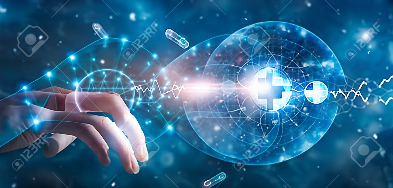 Medicine doctor touching medical global network, Computing electronic medical record. DNA. Digital healthcare and network connection on virtual interface, medical technology and innovation concept