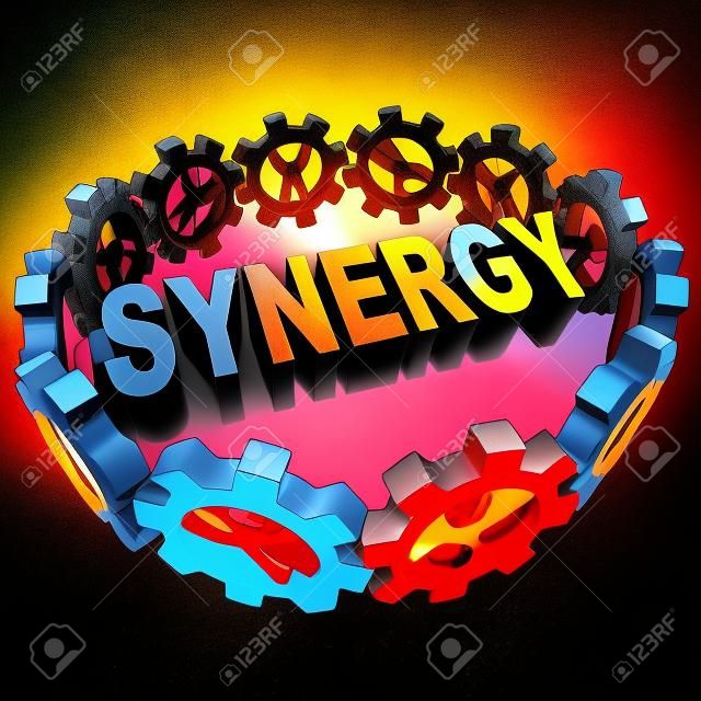 Het woord Synergy omringd door mensen in versnellingen